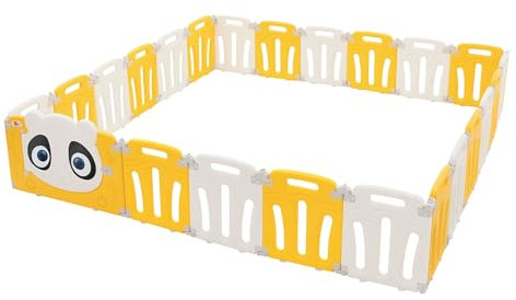 Joyz Parc Bébé Modulable, 240×240 cm, Design Panda, Blanc-Jaune, Pliable, Barrière de Sécurité avec Porte et Horloge Éducative, en Plastique, Antidérapant, Aire de Jeux Enfants, Intérieur/Extérieur