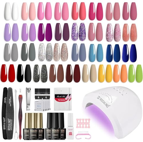 ROSALIND Kit Vernis Semi Permanent Complet, 33 Couleurs Rose Violet Gris Bleu Marron Vernis Gel avec 48W UV/LED Lampe, Kit Ongle Gel UV Complet Cadeau pour Les Femmes Débutant