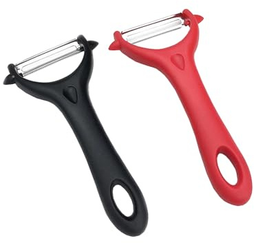Lansonee 2 Pcs Y-Shaped Rotary Potato Peeler Set, Sharp Stainless Steel Vegetable Peelers with Ergonomic Plastic Handles, Kitchen Gadgets for Carrot, Apple, Cucumber-Red+Black