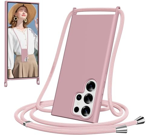 Jrkvniv Coque pour Samsung Galaxy S22 Ultra 5G avec Cordon, Collier Étui Silicone avec Tour de Cou Lanière, Réglable, Amovible, Antichoc Bumper Housse Case pour Samsung S22 Ultra Chaine, Rose
