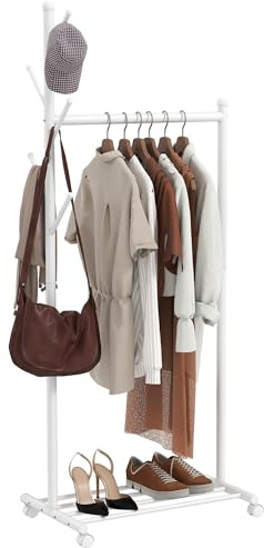 HOMCOM Kleiderständer Garderobenständer mit Kleiderstange 68 x 43 x 171 cm | Schuhablage 5 Haken, Garderobe aus Metall, für Schlafzimmer, Ausstellungen, Waschküche Weiß
