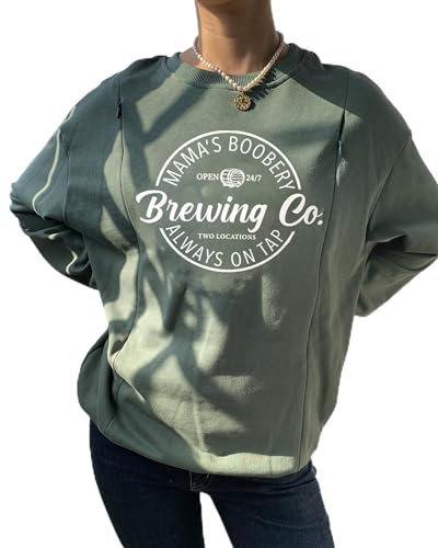 TAIUICY Women Maternity Nursing Sweatshirt Comfort Friendly Zip Breastfeeding Pullover Mama's Boobery Always on Tap Sweater, Green 2, Medium
