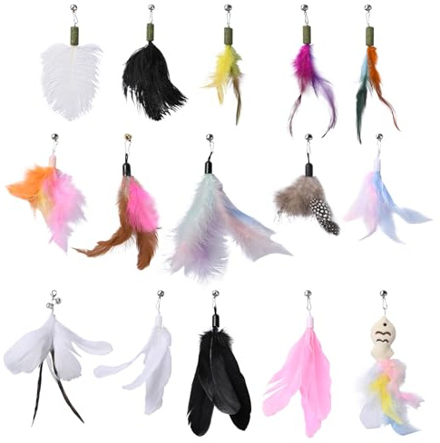 Pumwoy 15 Katzenspielzeug Feder mit Glocken, Cat Feather Toys Ersatz, Katzenangel Ersatzfedern Anhänger Federn Katzenangel Anhänger, Katzen Federspielzeug Interaktives Katzenspielzeug