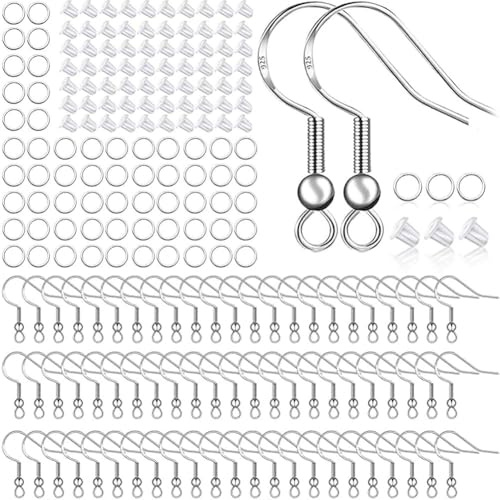 PAIKIUU 200pcs 925 Sterling Silver Earring Hooks (20mm) with 200 Clear Earring Backs & 200 Silver Jump Rings – Nickel-Free, Lead-Free Jewellery Making Supplies for DIY Earrings
