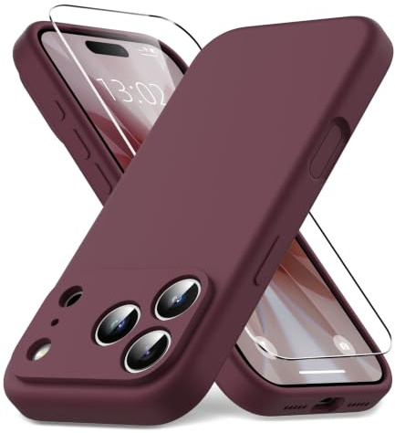 Vansdon Coque pour iPhone 17 Pro Max,Housse Silicone Liquide Mince | Prune, Doublure Microfibre Anti-Rayures, 1x Film de Protection en Verre Trempé, Protection Antichoc