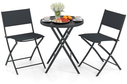 GIANTEX Ensemble Salon de Jardin 3 Pièces, Table Ronde Pliante Exterieur en Verre Trempé, 2 Chaise Pliantes en Tissu Respirant, Gain de Place, Mobilier d'Extérieur pour Pelouse, Terrasse, Jardin, Noir