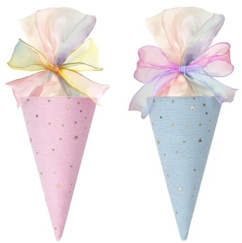 SxiGxiv Geschwister Schultüte, Mini Schultüten Zum Befüllen, Schultüte Blau, 2 Stück Einschulungsgeschenke für Geschwisterkinder, 49x18.5 cm Baumwolltüten