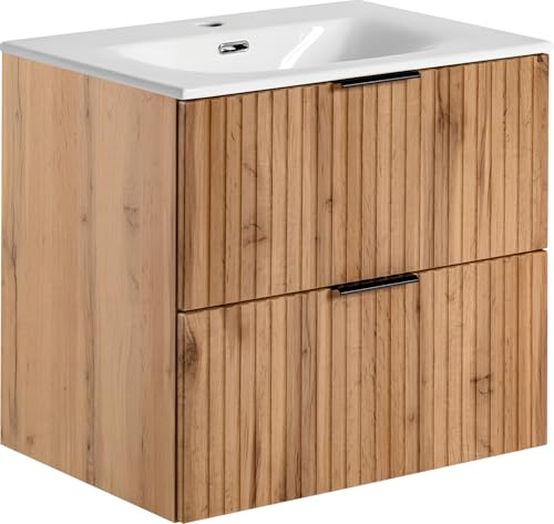 WFL GROUP Waschtischunterschrank mit Integriertem Keramik-Waschbecken – Wandhängend, Geriffelte Soft-Close-Schubladen, Rillenfronten in Eiche Hell Braun – 60 cm Breit