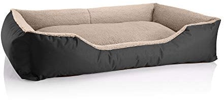 BedDog Hundebett Teddy, Hundesofa aus Cordura und Microfaser-Velours, waschbares Hundebett mit Rand, Hundekissen Vier-eckig, für drinnen, draußen, Größe XXL, schwarz-beige