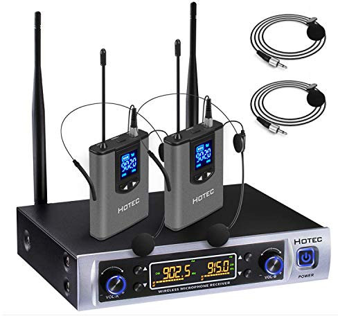 Hotec UHF 64 Channel Wireless Microphone System with LCD Display and Dual Headset Microphone Over PA, Mixer, Speaker, Karaoke Machine For Church, Training, Classroom, Interview, Business Presentations
