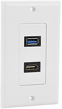 Wall Outlet, HDMI Wall Plate, USB Wall Plate, 1 Port HDMI Female + 1 Port USB3.0Female Integrated Faceplate, ABS Main Panel Socket Wall Outlet Plate Socket