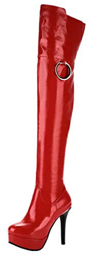 MISSUIT Damen Lack Overknee Stiefel High Heel Plateau Stiletto Boots mit Reißverschluss und 12cm Absatz Winter Schuhe(Rot,EU37)