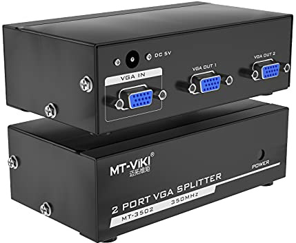 MT-VIKI 1x2 VGA Splitter 1 in 2 out, Mirror 1 VGA Video & Audio on Multiple HD Monitors Support Wide Screen 1920 x 1440 1080P 350MHz 45meters (1 PC to 2 Monitors)