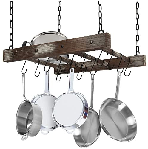 J JACKCUBE DESIGN Rustic Wood Pot Pan Rack Ceiling Mounted Hanger Multi- Purpose Wood and Metal Cookware Kitchen Storage Organizer With Utility 16 Hooks - MK603B