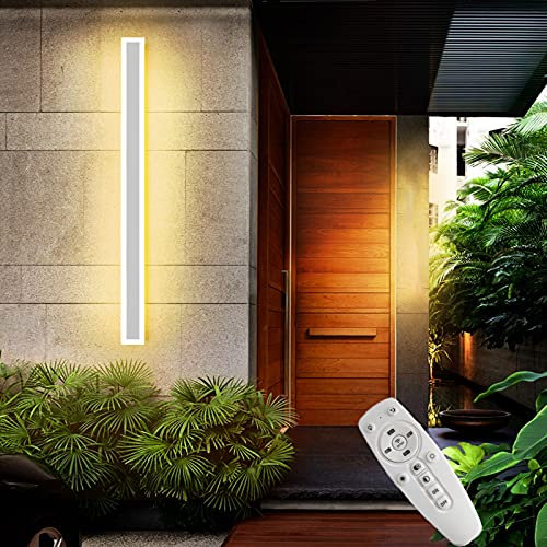 LED Aussen Innen Wandleuchte mit Fernbedienung Dimmbar, IP65 Wasserdichte Weiß Aluminium Rechteck Außenwandleuchte Lang Strip Aussenleuchte Garten Garage Schlafzimmer Wohnzimmer Außenlampe,120cm 68w