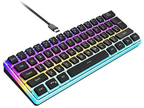 Snpurdiri 60% Wired Gaming Keyboard, True RGB Mini Keyboard, Quiet, Ergonomic, Water-Resistant, Mechanical Feel, Demonstrative Small Keyboard, Detachable Cable, Black (QWERTY Layout)