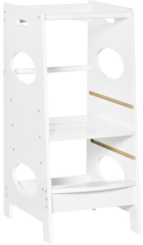 HOMCOM Torre Montessoriana in Legno, Altezza Regolabile 3 Livelli, Bianco