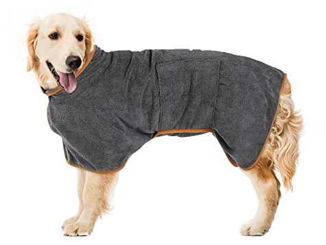 Pejoye Grau Hundebademantel aus Mikrofaser - Pfotentuch, Hunde Handtuch mit Verstellbarem Riemen, Haustier Bademantel mit Klettverschluss, Hund Bademantel Mantel