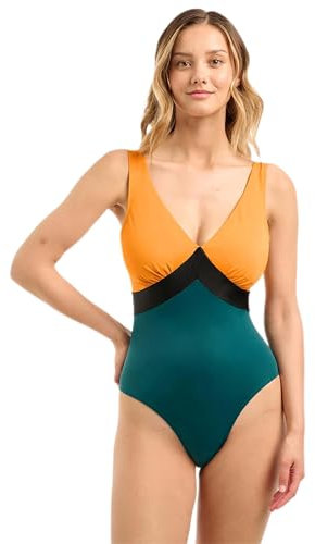 SANS COMPLEXE Beyond The Beach_28LAI74 Maillot de Bain Une pièce sans Armatures, Noir Vert Ocre, 42 Femme