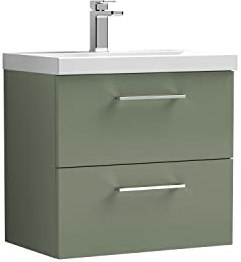 nuie ARN824A Arno Modern Bathroom Wall Hung 2 Drawer Vanity Unit with Mid-Edge Ceramic Basin, 600mm, Satin Green