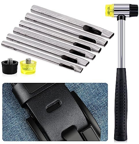 Mardatt 9Pcs 6 Sizes Leather Hole Punch Set with 25mm Double-Faced Hammer Mallet, Hollow Punching Oval Belt Hole Cutter DIY Leather Punch Craft for Home Decoration Installation