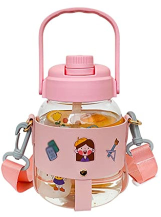 INKTUS Trinkflasche Wasserflasche 1L Große Kapazität Wasserflasche mit Strohband Trinkflasche for Mädchen Tragbare Schule Outdoor Sports Wasserflaschen Sportflasche (Blue : A-pink, Size : 1000ML)
