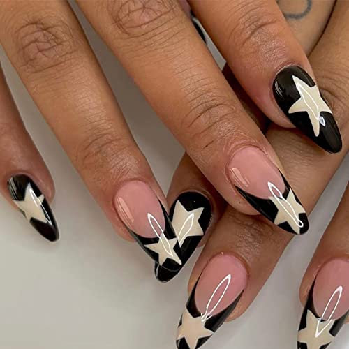 Clataly 24pcs faux acrylique imprimé sur blanc étoile ondulé ongles drôle nu Rose faux ongles femmes et filles ensemble complet d'ongles (A)