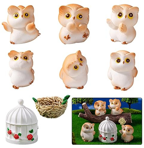 DeryArcle 8 Stück Eulen Figuren Klein, Mini Vogelnest Skulptur Ornamente Vögel Tier Harz Statue Miniature Owl Figurines für Fee Garten Terrasse Blumentöpfe Landschaft Bonsai Dekor (Typ A)