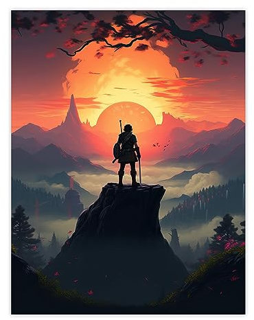 Artery8 Warrior Before a Fiery Sunrise Horizon Painting Samurai Quest to Follow The Sun at Forest Mountain Foggy Landscape Large Wall Art Poster Print Thick Paper 18X24 Inch