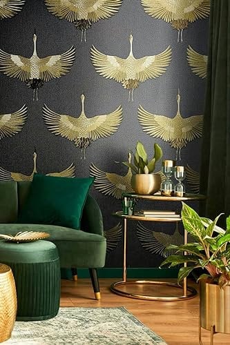 Vliestapete Kranich Vögel Textil Optik Schwarz Gold Metallic 34532