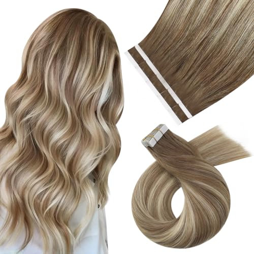 Moresoo Invisible Tape in Extensions Echthaar Hellbraun 40 cm Tape Extensions Kastanienbraun mit Goldblond Echthaar Extensions Tape Klebe Extensions Braun 10 Stück 25g/Pack #8/22/8 16 zoll