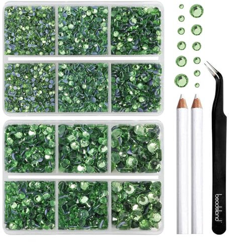BEADSLAND pedreria hotfix,6080PCS piedras verde strass termoadhesivas diamantes cristales para manualidades,Kit mixto de 6 tamaños con lápiz de cera y pinzas,SS6-SS30,Verde Claro Rhinestones