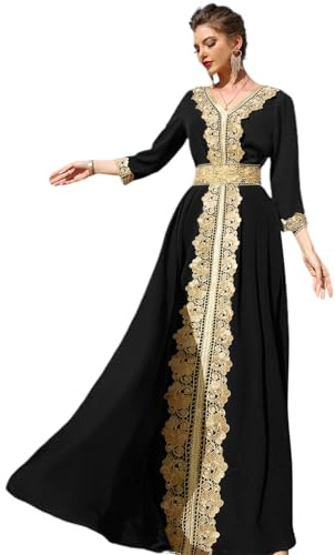 Odizli Damen Arabisch Dubai Muslim Elegant Langarm V-Ausschnitt Blumen Spitze Stickerei Strass Lang Abendkleid