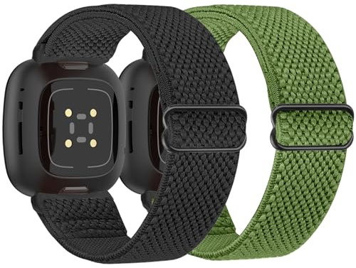 Tiptops 2 Stück Nylon Armband Kompatibel mit Fitbit Versa 4/Versa 3 Armband/Fitbit Sense 2/Sense Armband für Damen/Herren, Sport Elastisches Verstellbares Nylon Uhrenarmband für Fitbit Versa 4/Sense 2