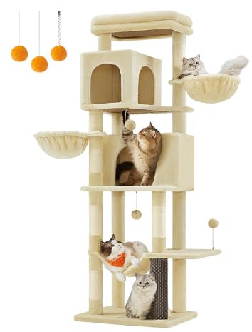 Feandrea Arbre à Chat, Tour à Chat de 175 cm de Haut, Multi-Niveaux, avec 2 Niches, 2 Paniers, 5 Griffoirs, Toilettage Autonome, Perchoir, Hamac, Beige Sable PCT182Y01