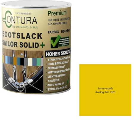 Contura Bootslack Farbig SEIDENMATT Yacht- Buntlack Metall Holz GFK Holzlack Boot Farblos (Sommergelb - RAL1023 Analog, 1 Liter)