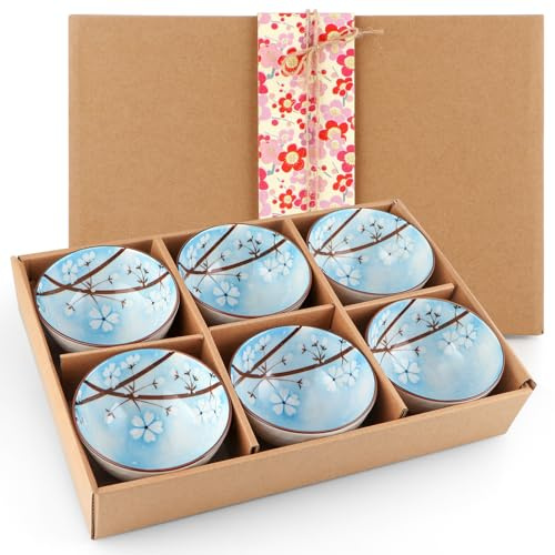 Sanbege Reisschalen aus Keramik, 284 ml, Sakura-Schüssel-Geschenkset, Essgeschirr, Servierschalen für Reis, Müsli, Nudeln, Suppe, Desserts, 6 Stück (blau)