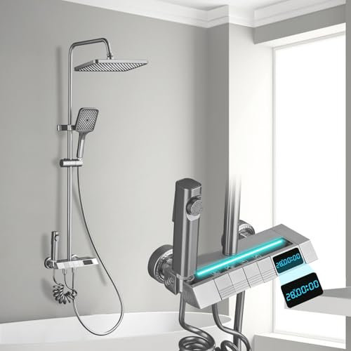 Colonne de Douche Gris Foncé Avec Affichage Numérique, Robinet de Douche à Hauteur Réglable, Ensemble de Douche Avec Douchette Bidet Pour Salle de Bain