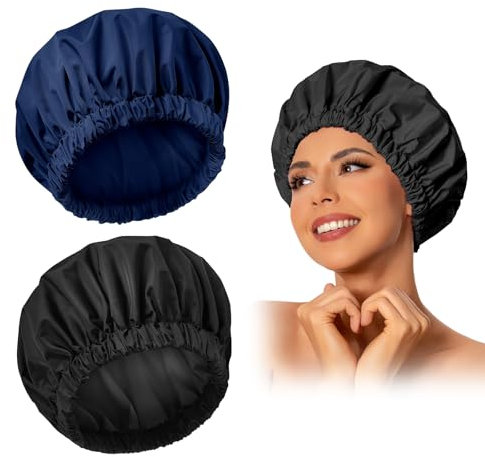 Reusable Shower Cap for Women, Large Waterproof Shower Bonnet Washable Elastic Band Bath Accessories Hair Hat for Long Hair, Braids(Black&Navy)