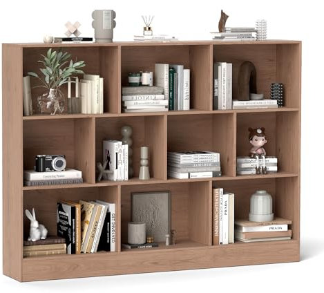 COSTWAY Bücherregal mit 10 Fächern, Standregal mit 3 Ebenen, Würfelregal, Büroregal, Aufbewahrungregal für Wohnzimmer, Schlafzimmer, Arbeitszimmer, Büro, 140 x 24 x 104 cm (Natur)