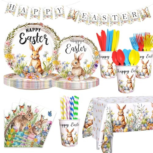 AIBIIN Easter Party Supplies, Happy Easter Party Tableware Set, Happy Easter Banner, Bunny Paper Plates Napkins Cups for Easter Spring Party Decorations