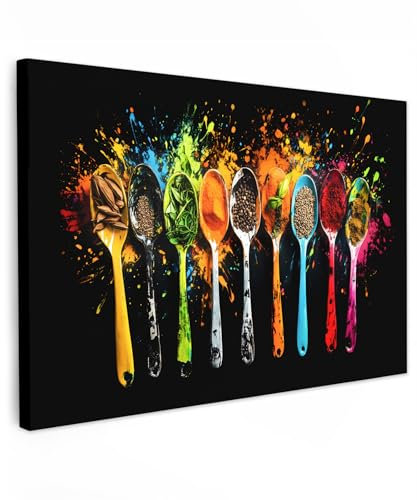 MuchoWow© Impressions sur Toile 120x80 cm Deco Tableau Murale Decoration Salon Peinture Tableaux Chambre Toiles Maison Cuillères - Herbes - Moderne - Graffiti - Peinture - Coloré