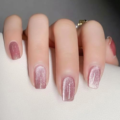 Ceboic 24 Stück French Tip Press on Nails, Kurz Eckig Fingernägel zum Aufkleben Rosa Glitzer Falsche Nägel mit Design, Glitzer Künstliche Nägel Full Cover Kunstnägel für Frauen Mädchen Nail Art