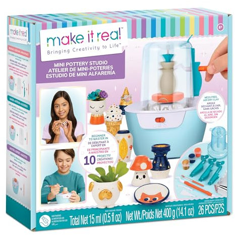 Make It Real - Studio En Poterie Enfant | Kit Poterie Enfant | Mini Pottery Studio | Argile Sèche à L'air Avec Outils Et Peintures | Cadeau Fille 8 Ans | Activite Manuelle Fille 8 Ans Ou Plus