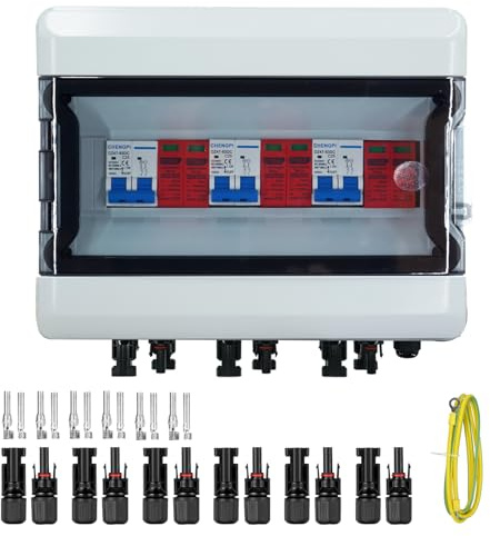 CHENGPI Protección Contra Sobretensiones PV DC, Seccionador Protección Contra Rayos Disyuntor DC 3 Cadena 500V 25A, IP65 Caja de Conexiones Solar a Prueba de Agua para Fotovoltaica (3 en 3 fuera）