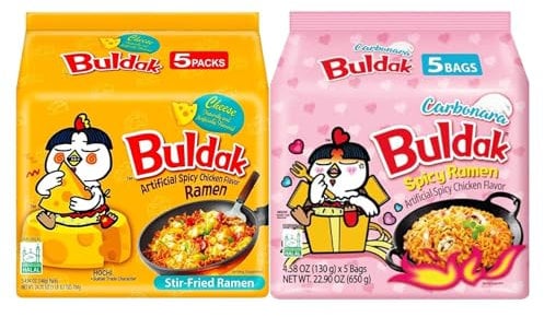 Korean Hot Ramen Combo – Carbonara 130g (Pack of 5) + Cheese 140g (Pack of 5) | Spicy Korean Instant Noodles | Creamy & Fiery Flavours | Halal Certified