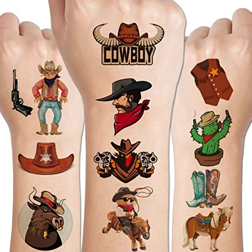 CHARLENT Cowboy Temporary Tattoos for Kids, 100 Pcs | Western Cowboy Tattoo Stickers for Boys Birthday Party Favours, Goodie Bag Fillers, Rodeo Theme Party Supplies