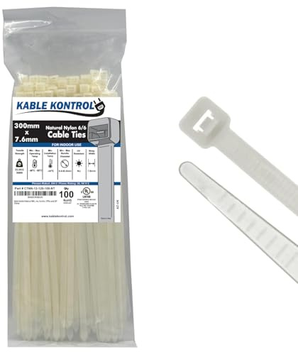 Kable Kontrol Natural White Cable Ties, 300 mm x 7.6 mm, Pack of 100, 12 Premium Nylon Zip Ties, Multi-Purpose Plastic Tie Wraps, Secure Self-Locking Mechanism, for Home, Garden, Office and DIY