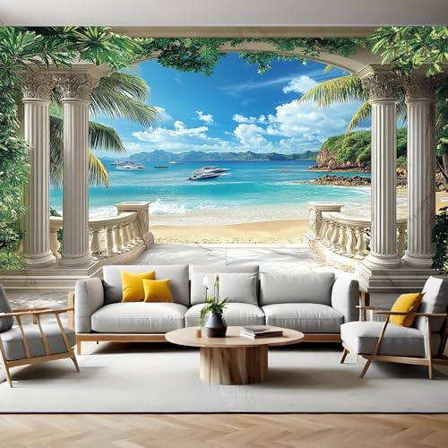Tapeten Balkon mit Meerblick Fototapete 3D Effekt 400 x 280 cm Vliestapete Modern Wandbilder Poster Dekoration für Wohnzimmer Schlafzimmer Flur