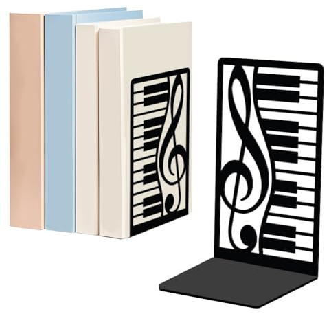 WADORN 1 Paire de Serre Livres Décoratifs en Métal avec Notes de Musique pour Piano pour Étagères Serre Livres Robustes et Antidérapants Support Moderne pour Livres Noir pour Bureau 13.5x11x20cm